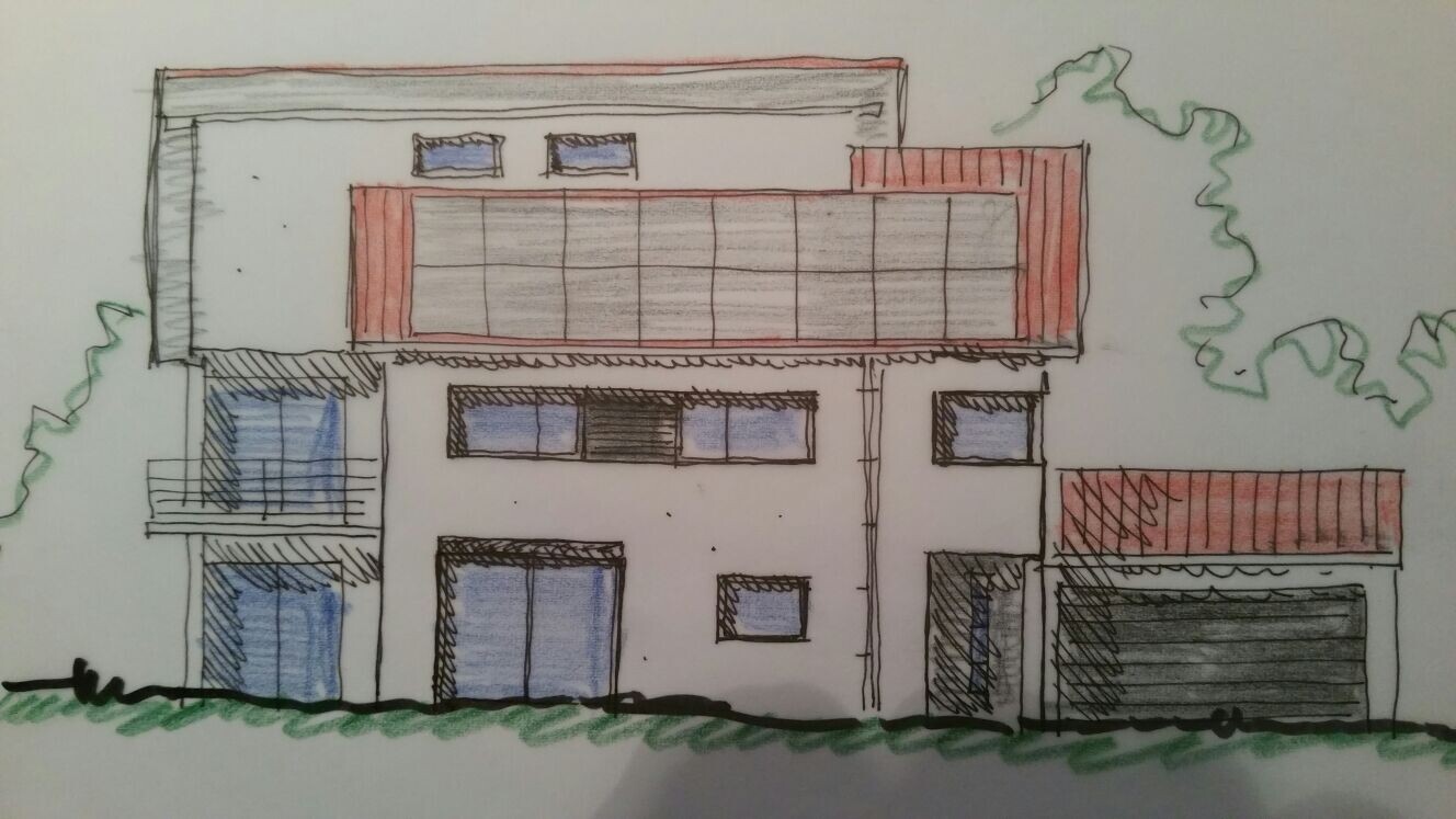 Hand-drawn facade of a modern single-family house with garage and green area