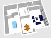 Top view of a 3D floor plan with color-coded rooms and furniture.