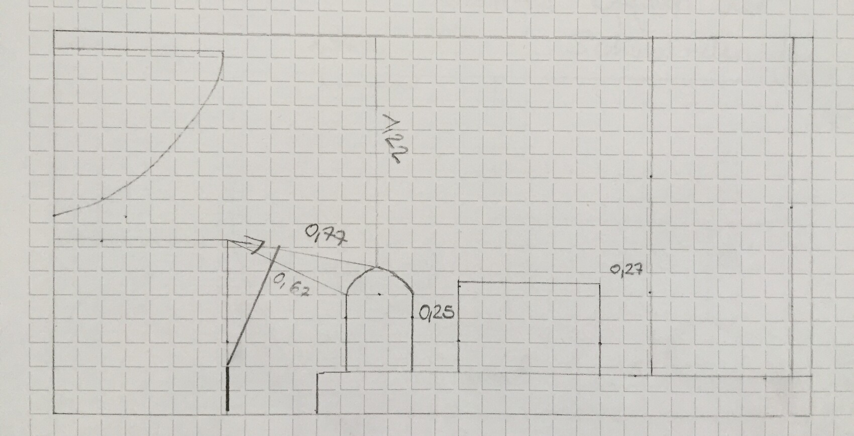Hand-drawn 2D floor plan sketch showing walls, doors, and floors on graph paper