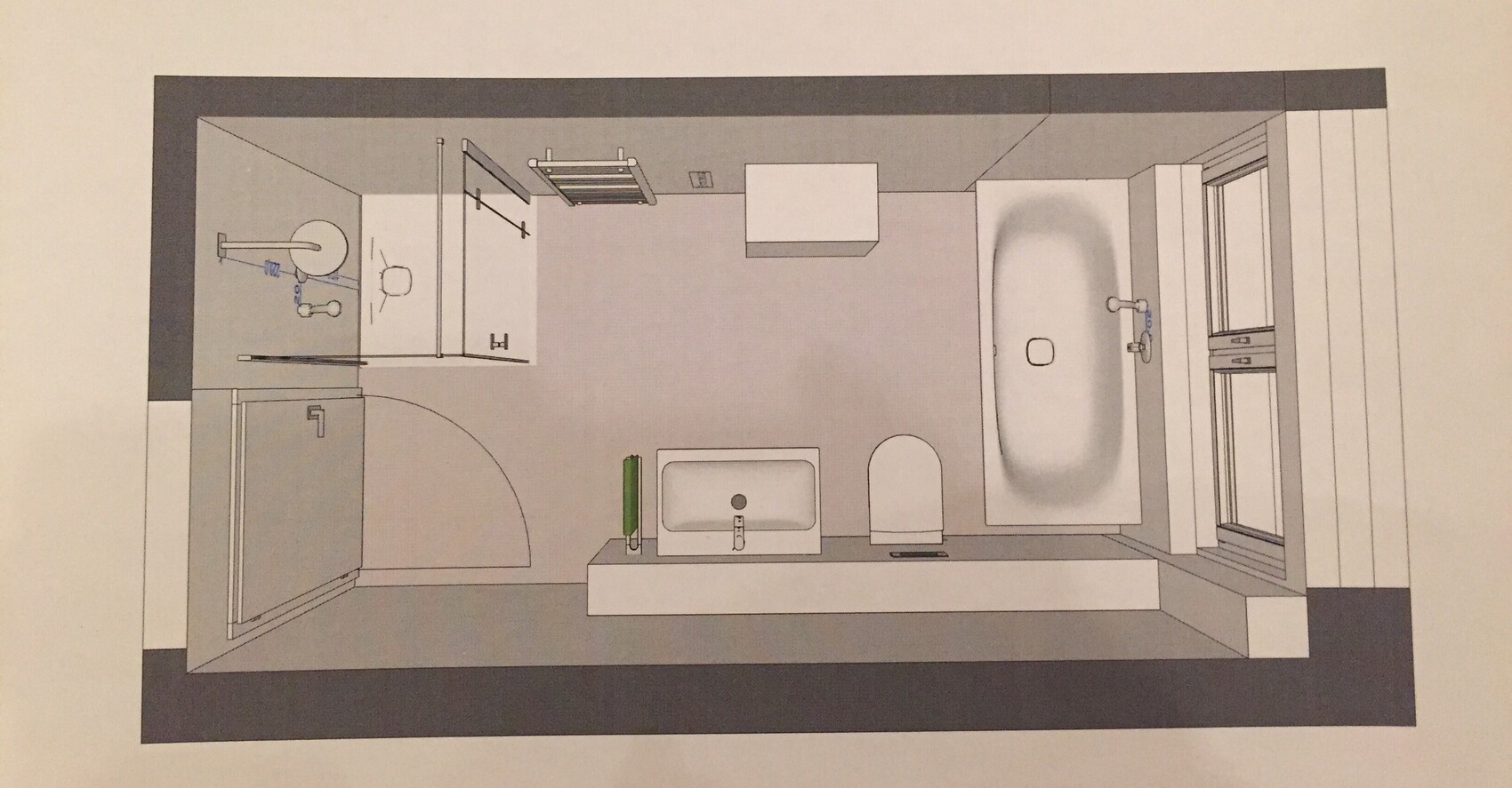 Grundriss eines Badezimmers von oben: Badewanne rechts, Waschbecken, Toilette, Dusche links, Fenster