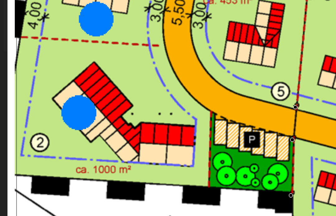 Lageplan eines Baugrundstücks mit Gebäuden, Zufahrt und Parkplatz