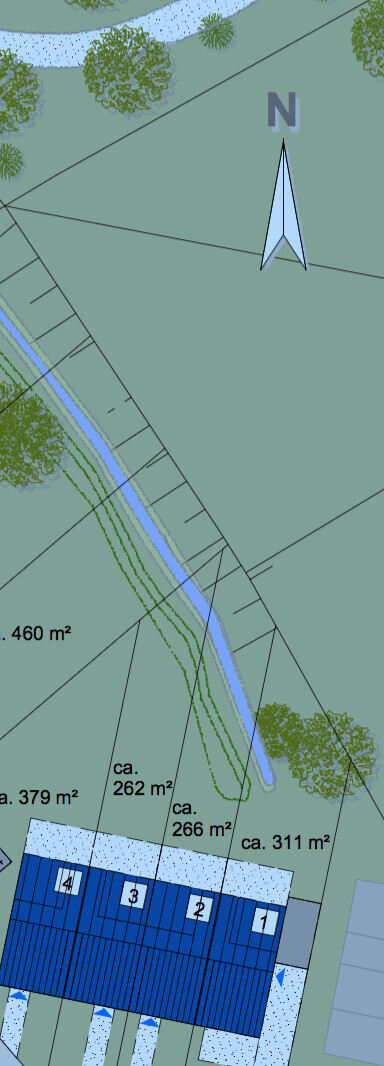 Site plan of a building plot with paths, watercourse, trees and building structure