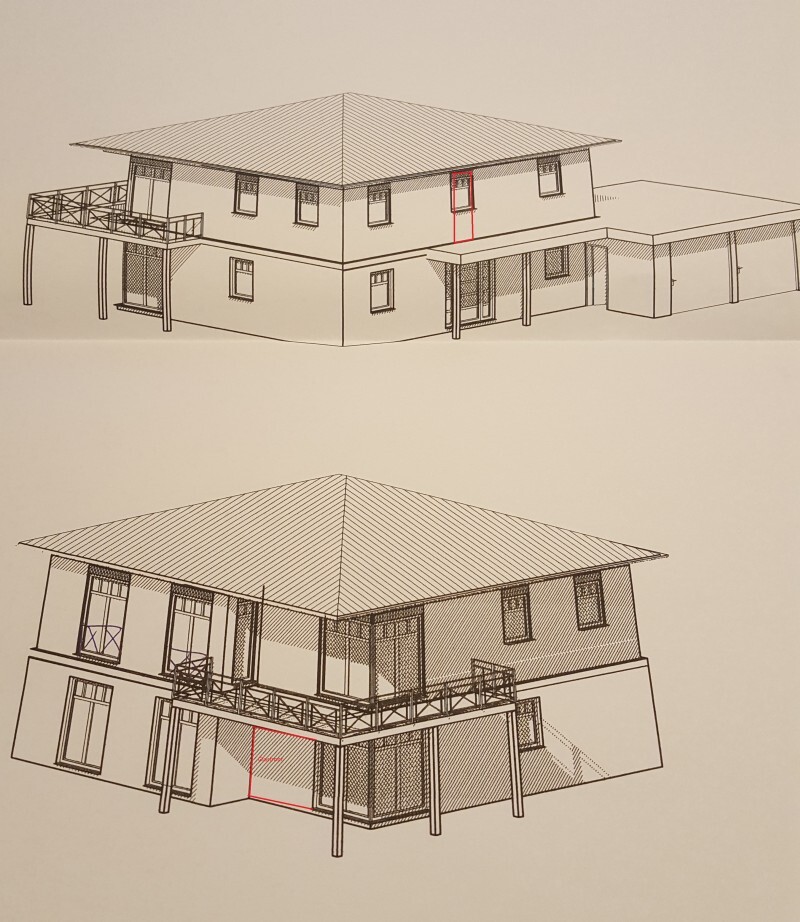 Two 3D architectural views of a two-story house with a terrace