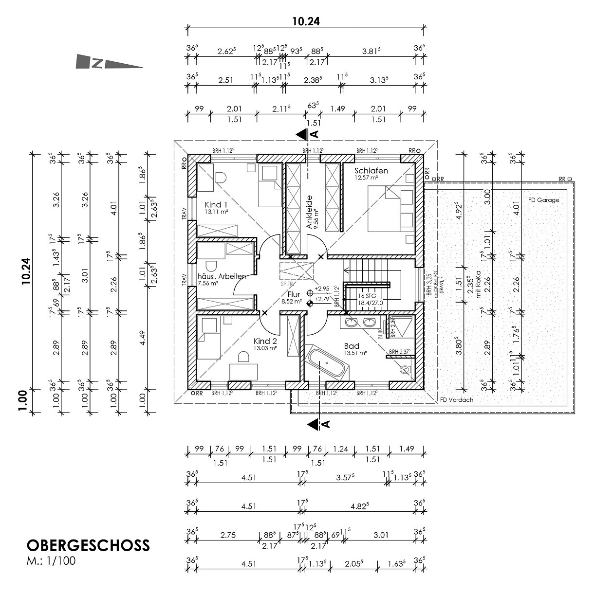 Grundriss Obergeschoss eines Hauses mit Schlafen, Kind 1, Kind 2, Ankleide, Flur, Bad und Garage.