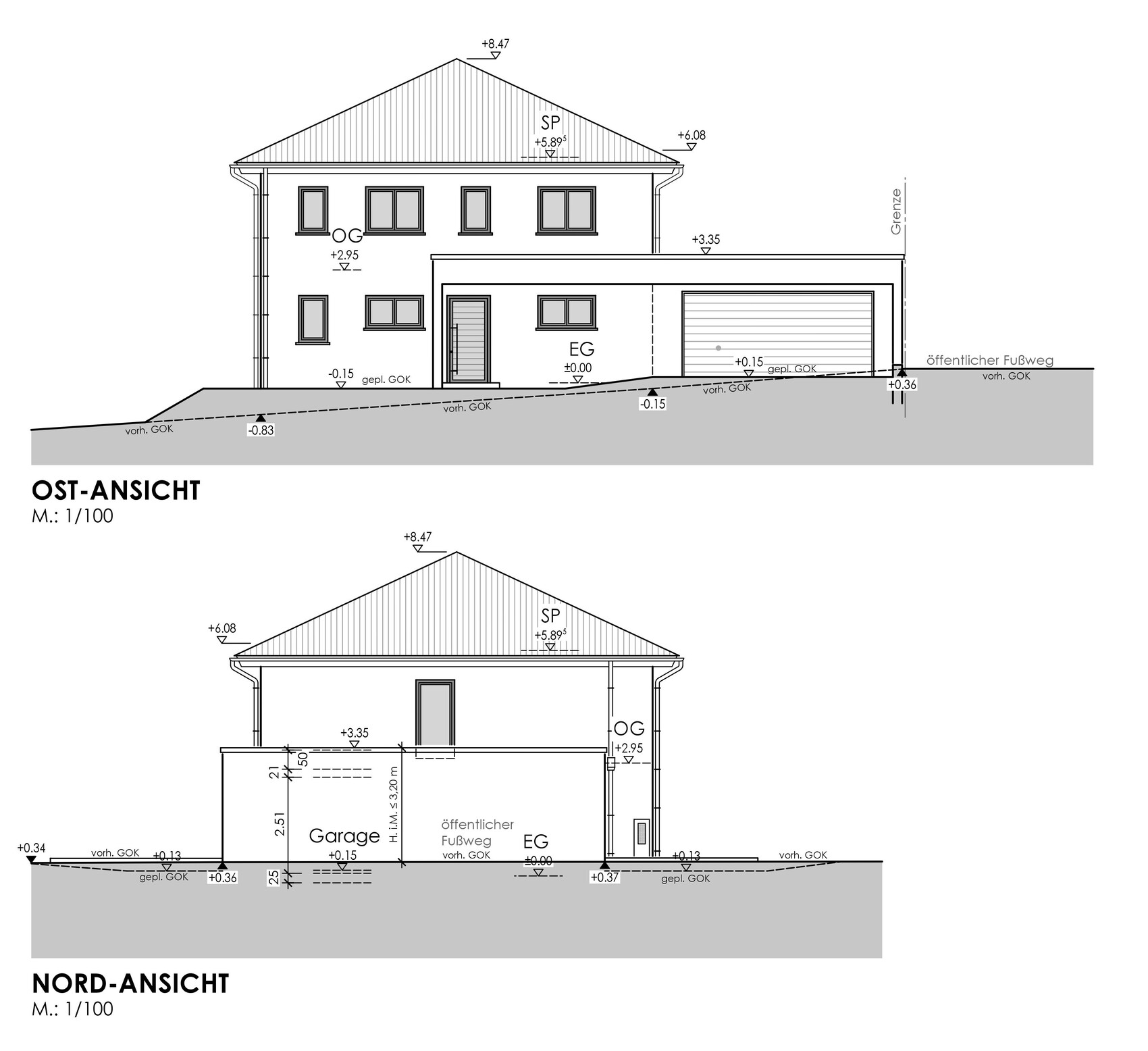 Architektenzeichnung: Ost- und Nordansicht eines Hauses mit Garage.