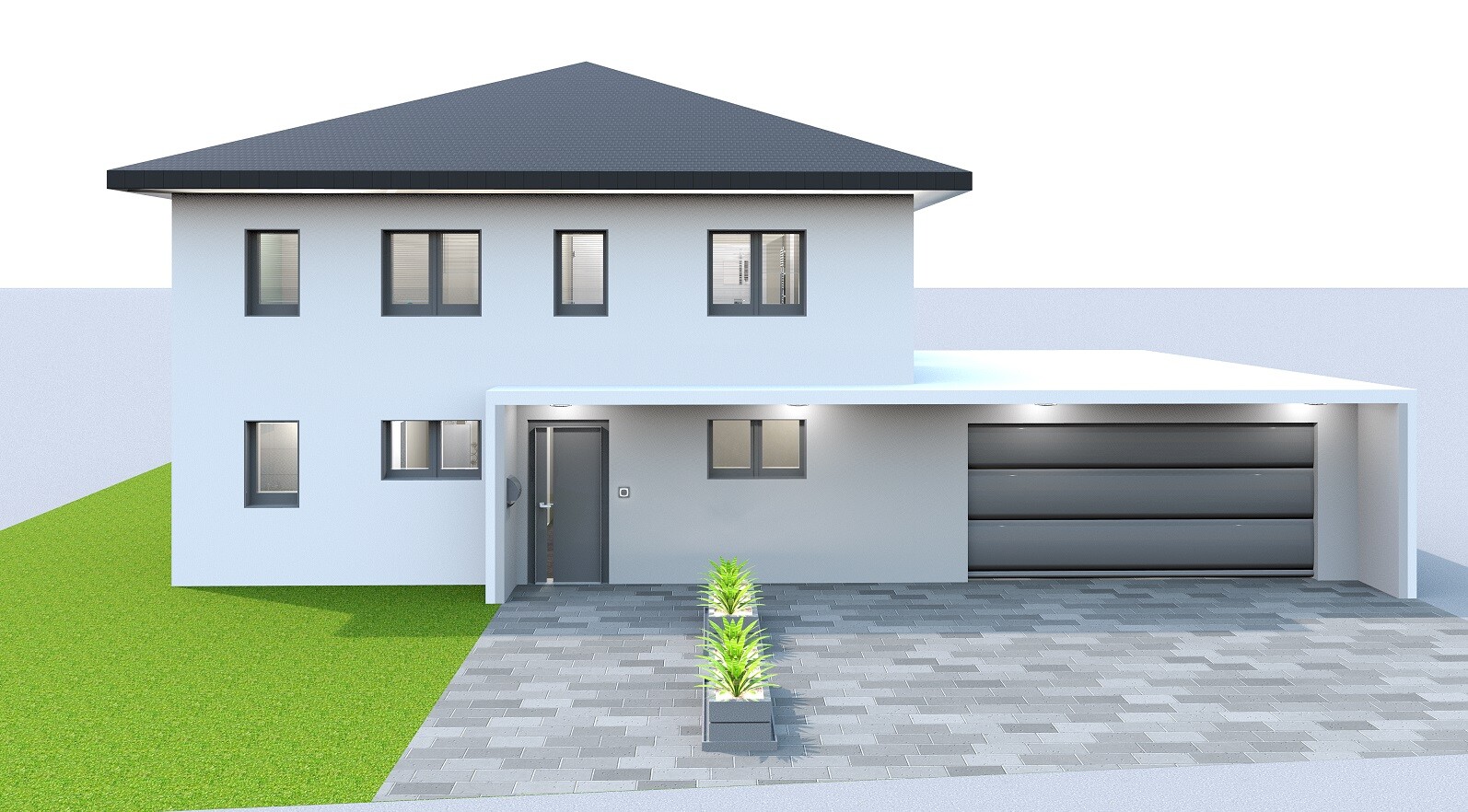 Modernes zweistöckiges Haus mit Garage, gepflasterter Einfahrt und drei Pflanzkübel mit Grünpflanzen.
