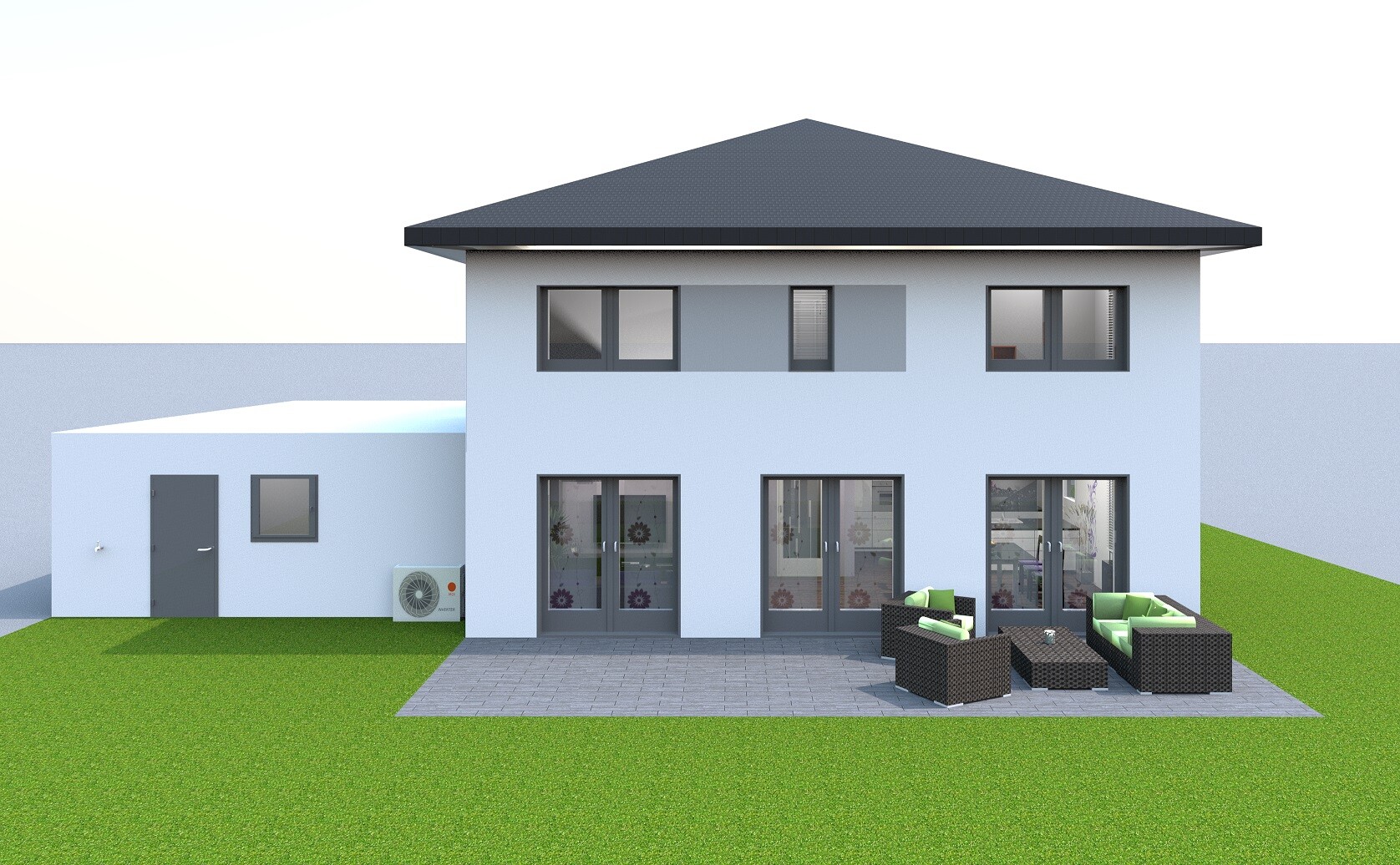 Modernes blaues zweistöckiges Haus mit Terrasse, Anbau links, Glas-Türen, Gartenmöbel mit Kissen