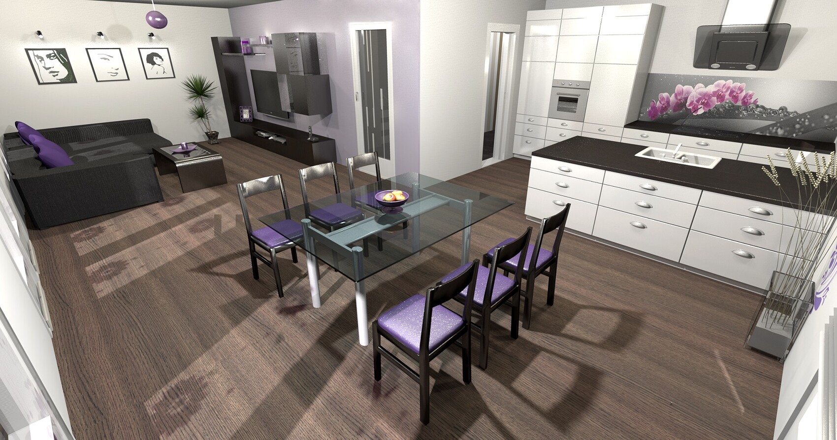 Offene Wohnküche mit Glastisch, 6 violetten Stühlen, dunklem Sofa und weißer Küchenzeile.