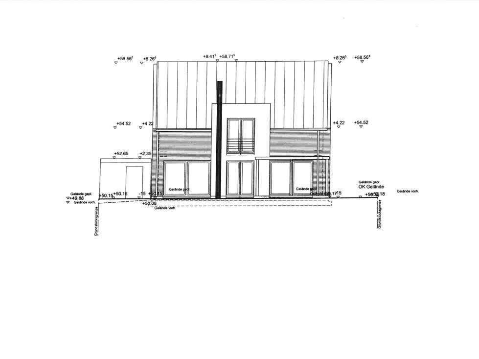 Architectural drawing of a modern house front with windows, entrance, and roof.
