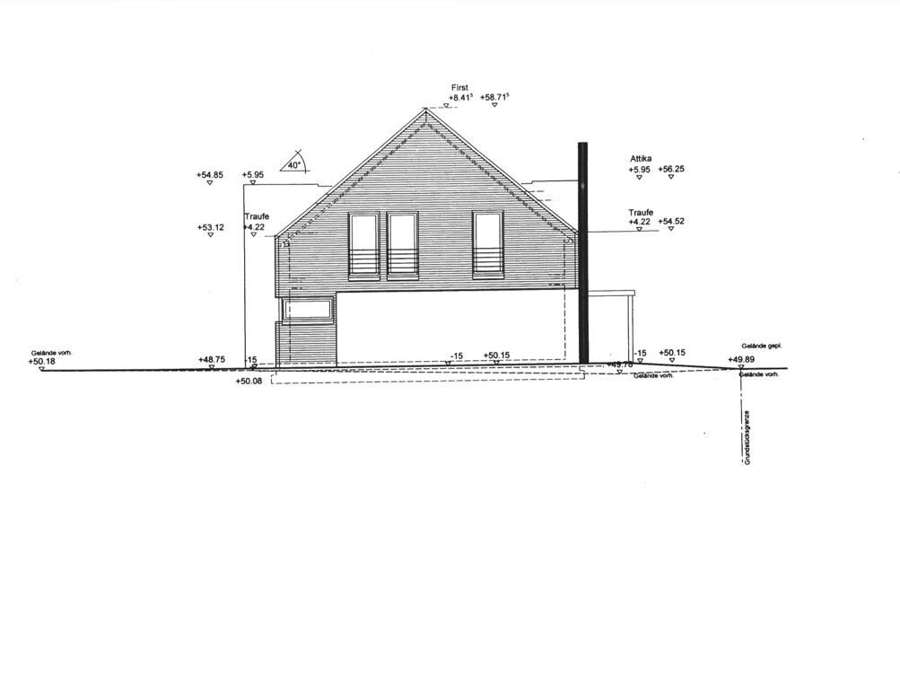 Architectural drawing of a detached house exterior with roof windows