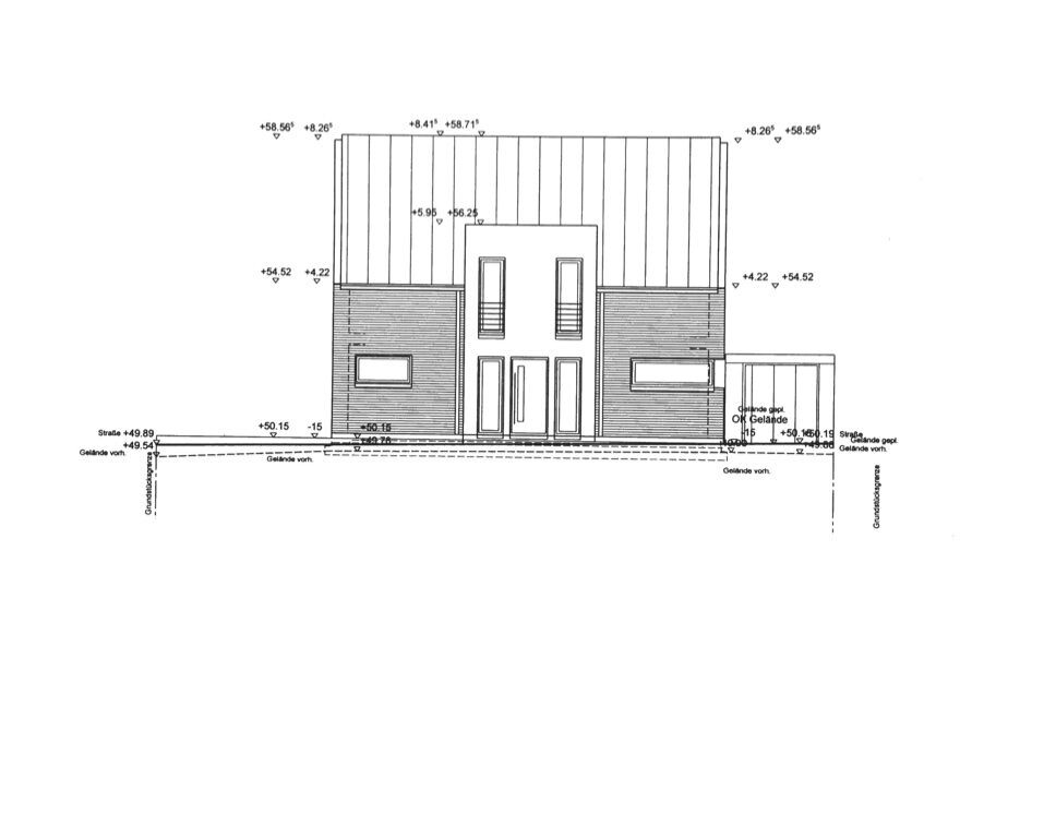 Front view of a modern house with roof, windows, and entrance door as a construction drawing.