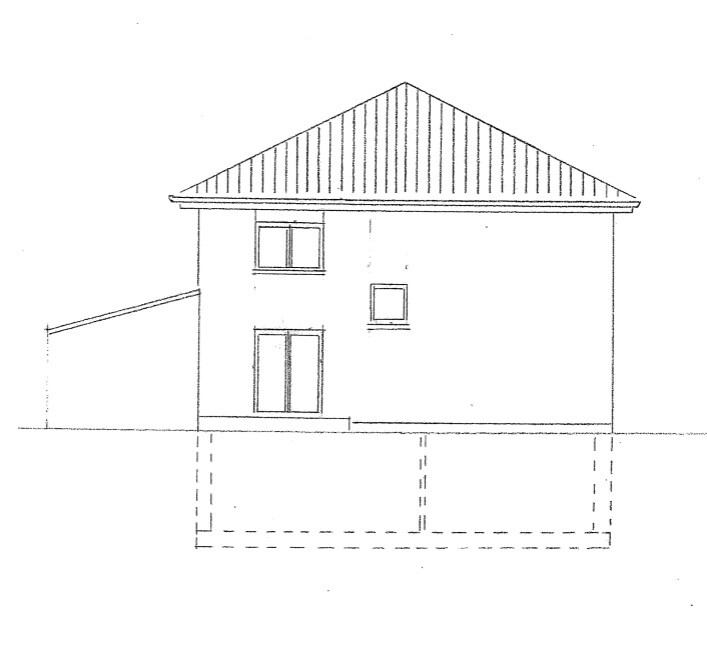 Exterior view of a simple house with sloped roof and foundation drawing.