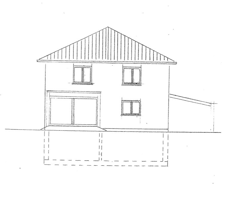 Front view of a two-storey house with gable roof and visible foundation base.