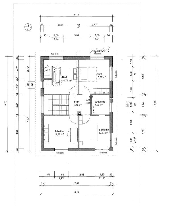 Upper floor plan with hallway, bathroom, office, bedroom, guest room, and walk-in closet.