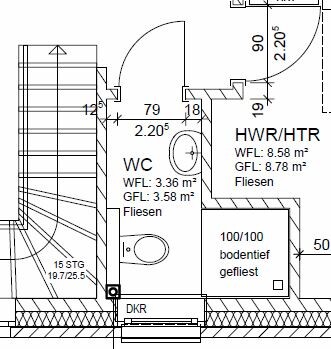 2D Grundrissausschnitt: WC-Badbereich mit Toilette, HWR und Türen