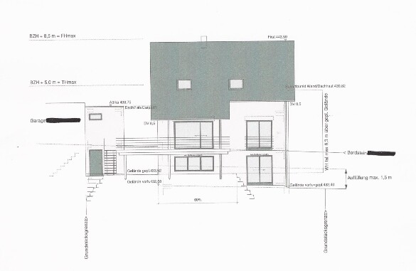Front view of a house with roof and windows, architectural drawing.