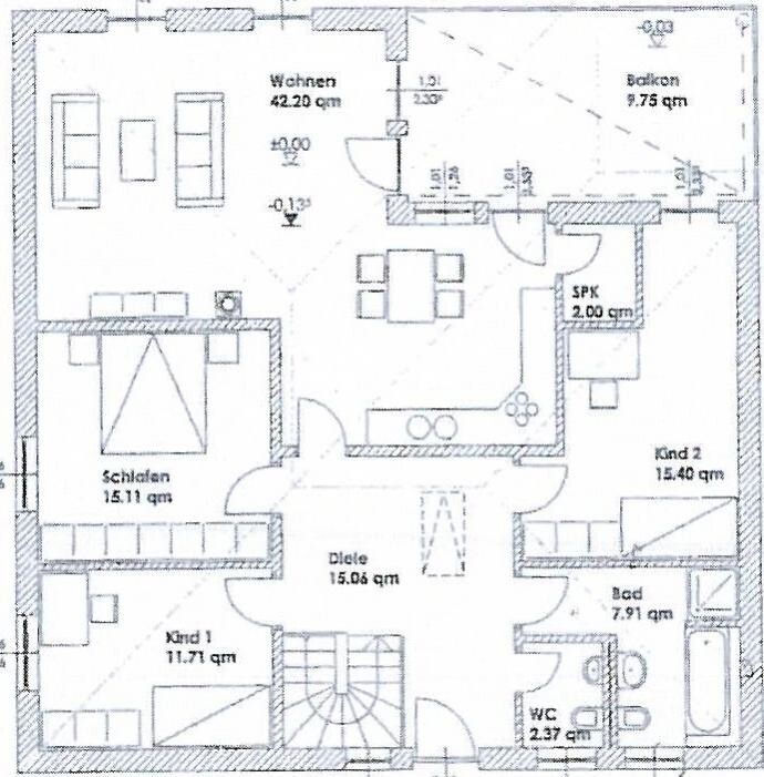 Floor plan of a house with living room, kitchen, hallway, bathroom, and bedroom
