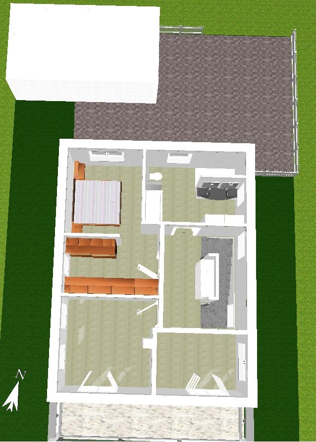 3D-Grundriss eines Hauses: Schlafzimmer, Wohnzimmer mit Sofa, Küche, Flur, Garten