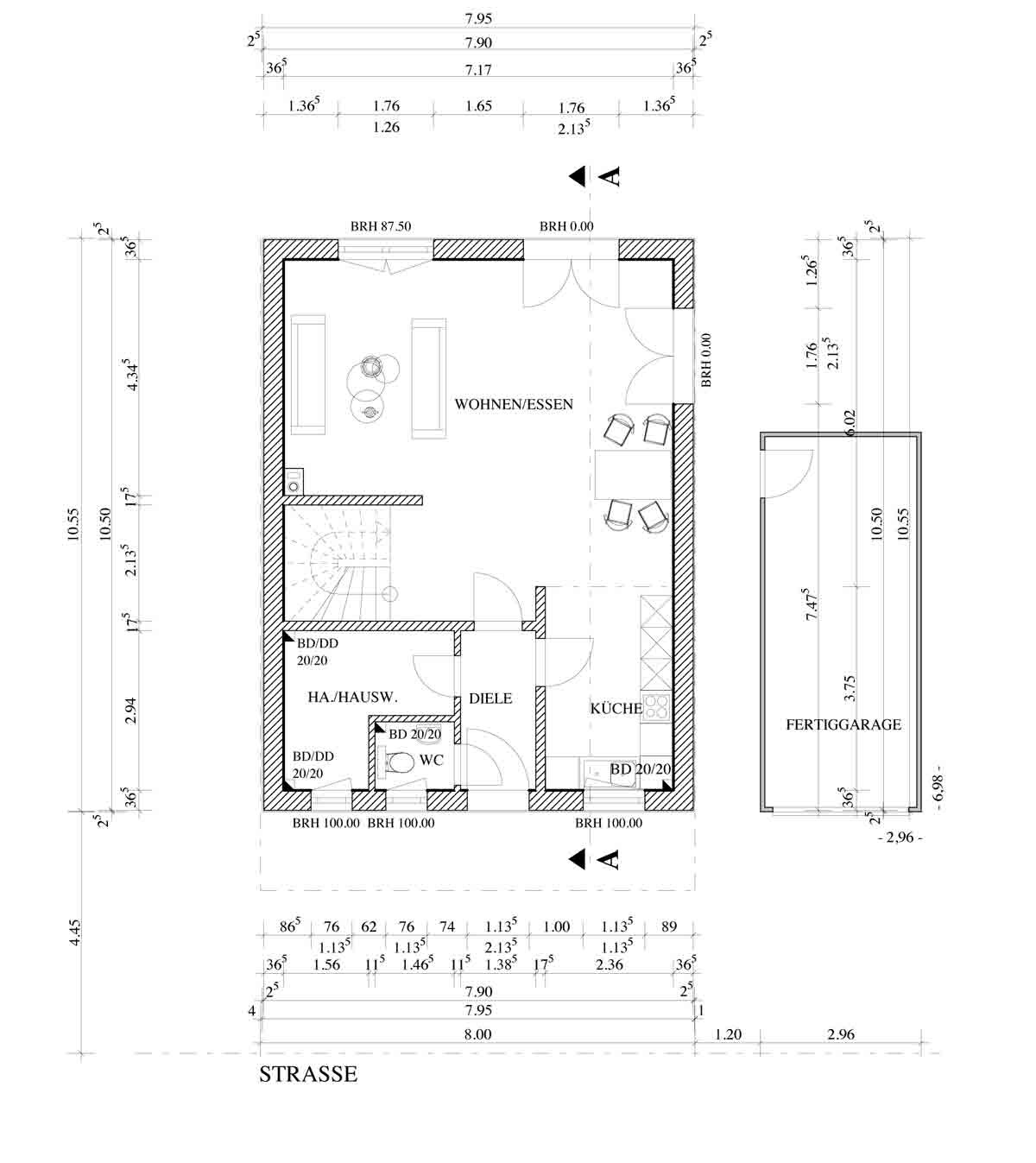 Detailed house floor plan with living room, kitchen, hallway and bathroom