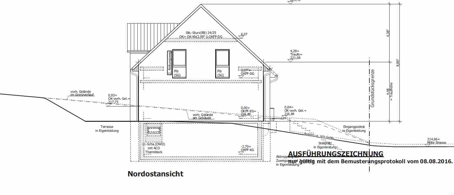 Architectural drawing of a house: northeast view with floor plan and section details