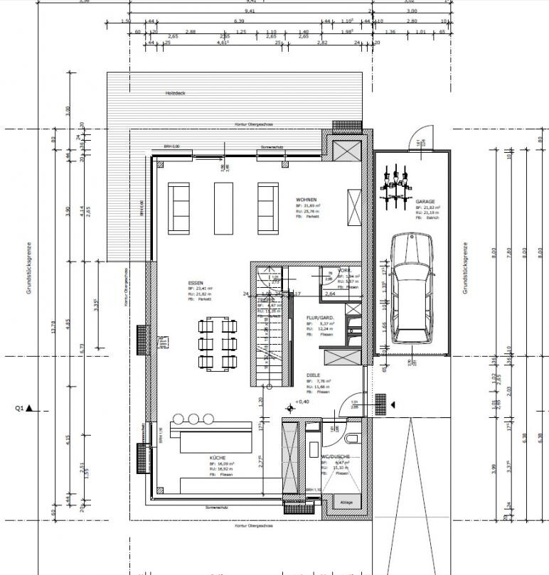 Floor plan of a single-family house with living room, kitchen, dining area, and garage
