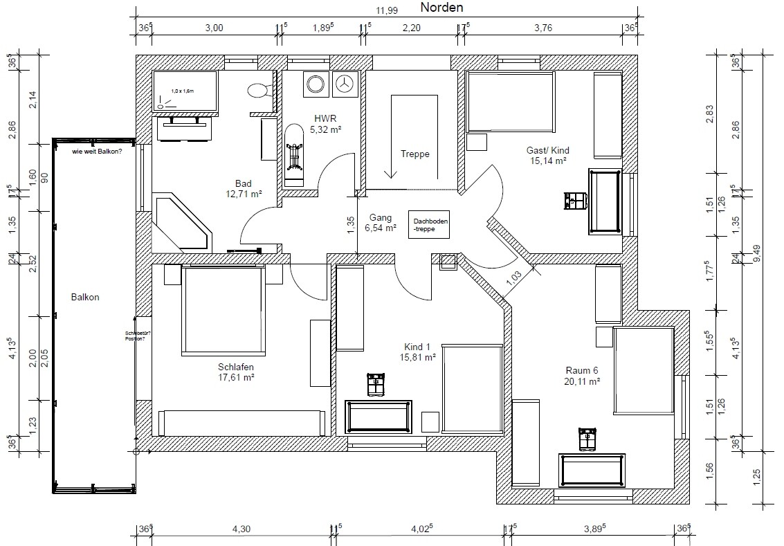 Floor plan of a house with stairs, bedroom, bathroom, child 1, guest/child, room 6, balcony