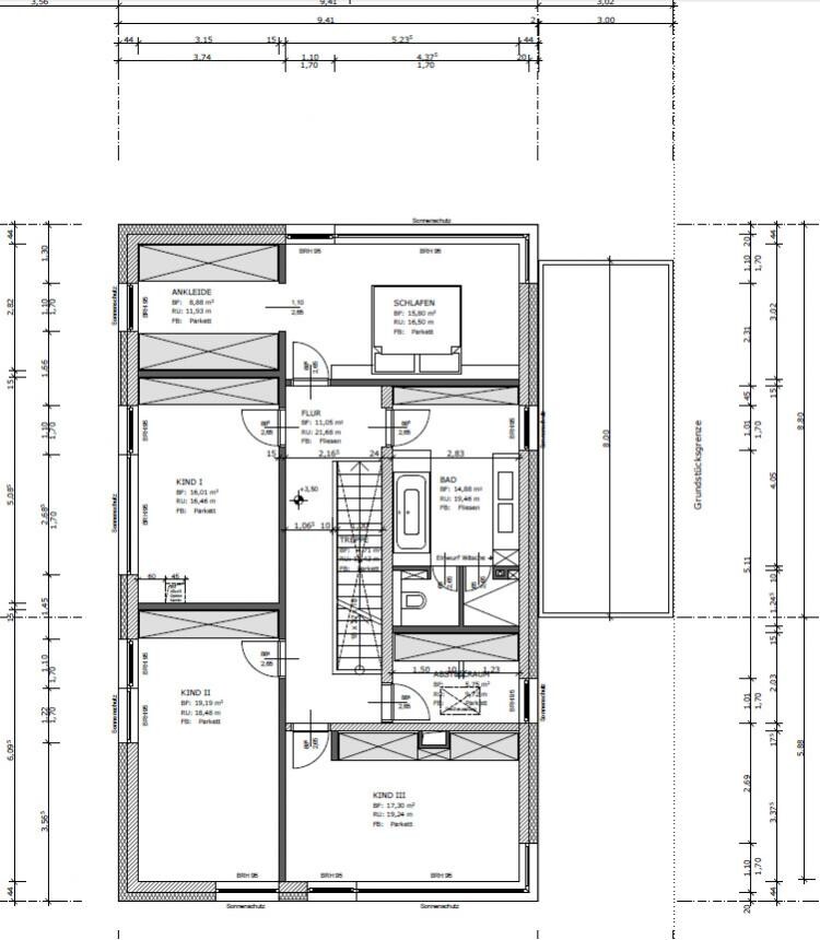 Detailed floor plan of the upper floor with bedrooms, bathroom, and staircase
