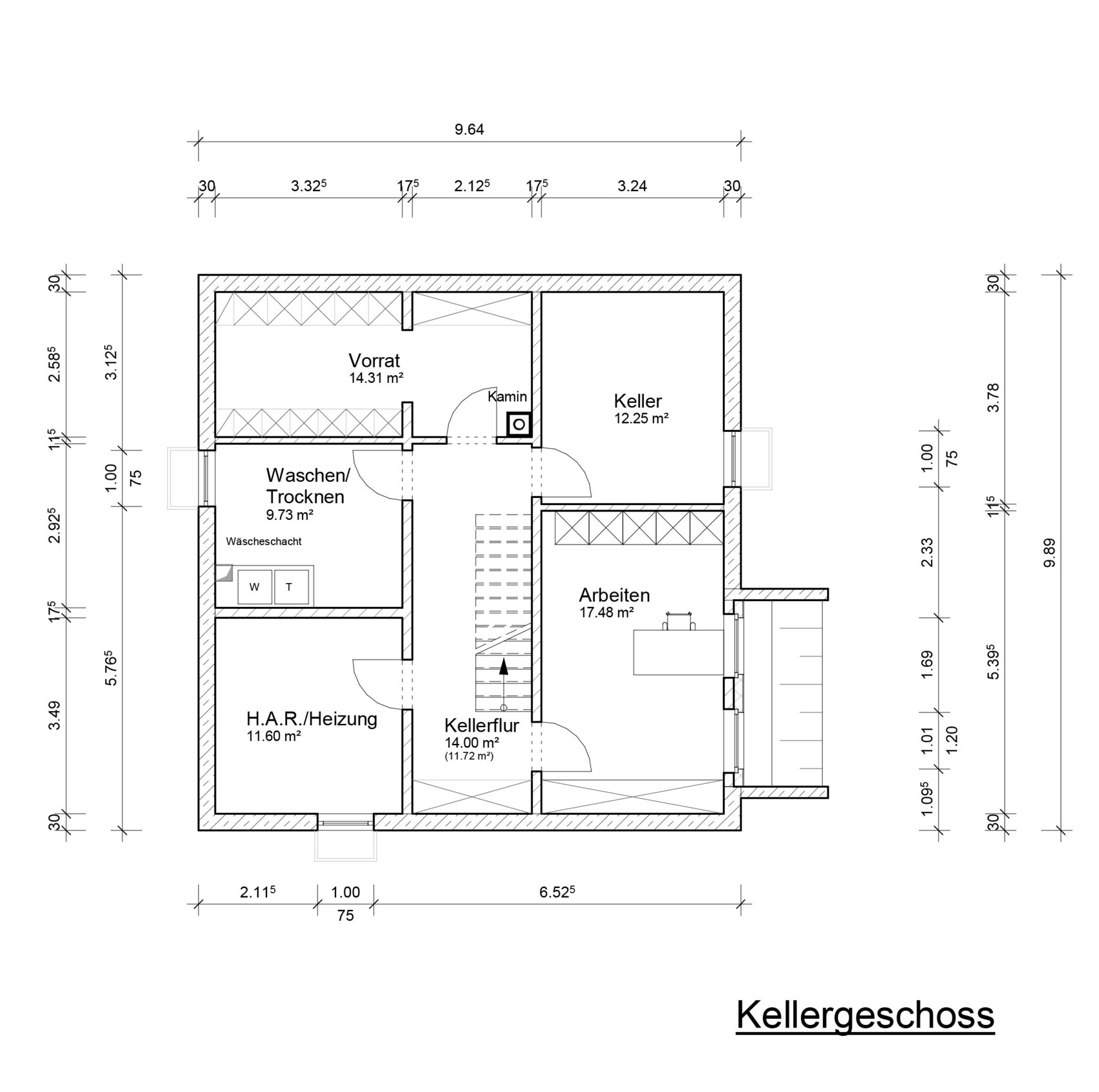 Basement floor plan with pantry, washing/drying, utility room/heating, workroom, basement hallway, fireplace.
