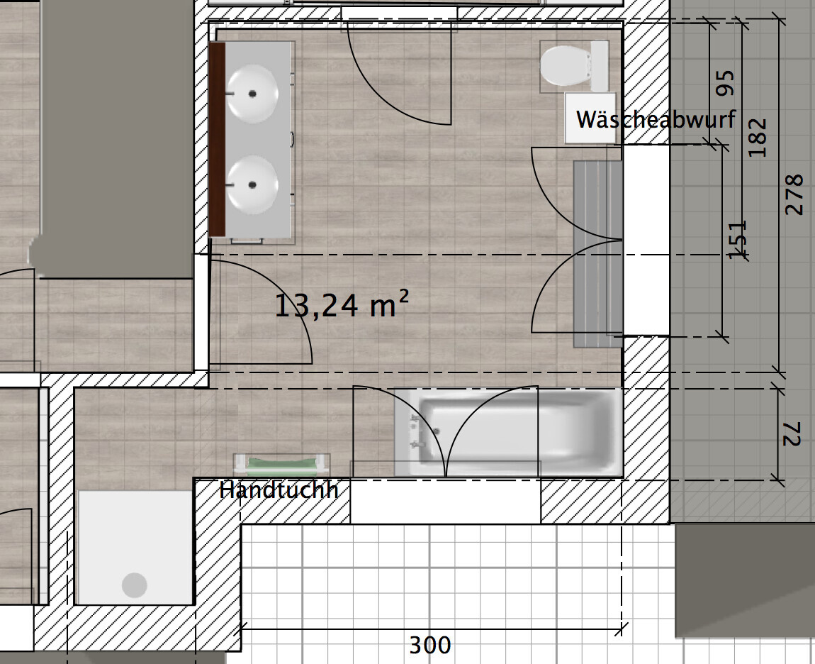 Bathroom floor plan with bathtub, double vanity, toilet, and door.
