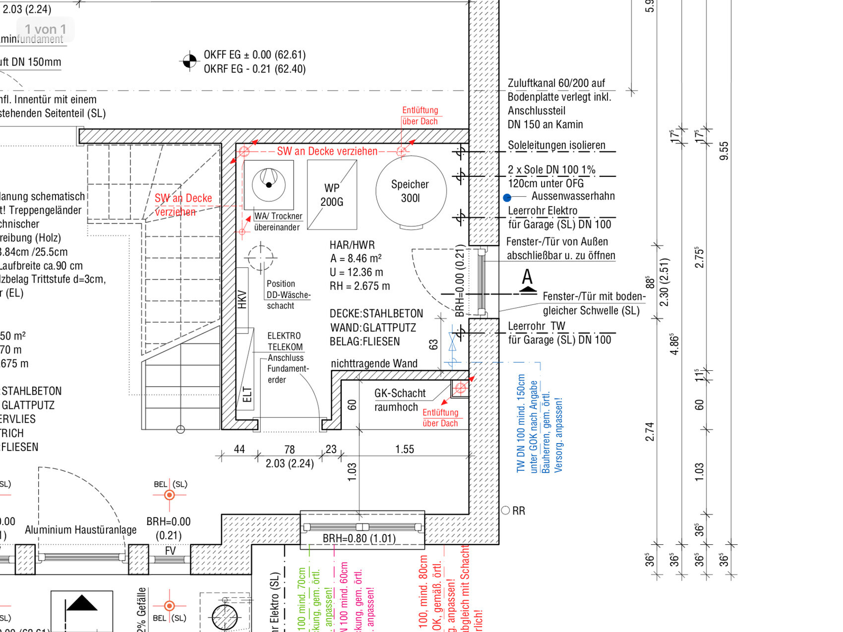 Floor plan of a technical room with heat pump, 300-liter (79-gallon) storage tank, utility room, roof ventilation, window/door.