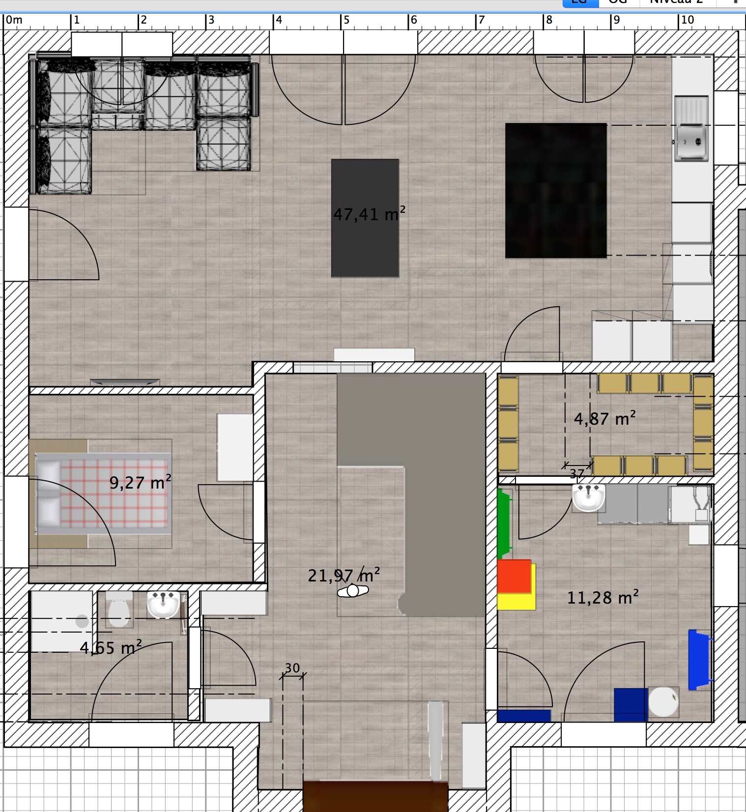 2D-Grundriss eines Hauses mit Wohnbereich, Küche, Essbereich, Schlafzimmer und Bad