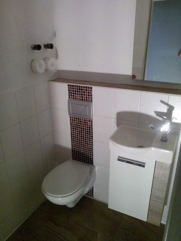 Small bathroom with wall-mounted toilet, brown mosaic wall cladding, sink cabinet.