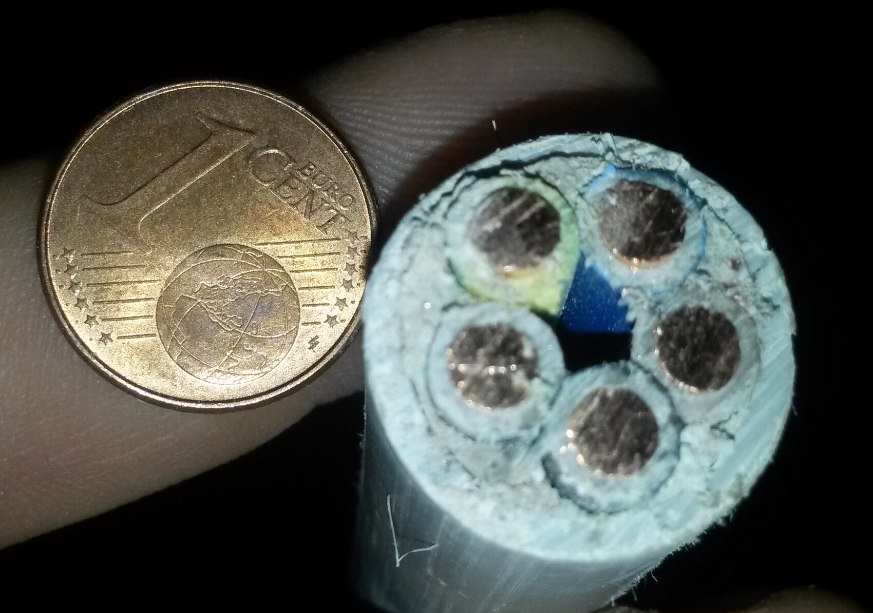 Close-up of a blue cable cross-section with multiple wires next to a 1-euro coin.