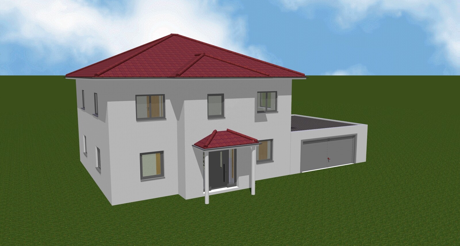 Two-story house with red tiled roof, small porch, and attached garage on grass.