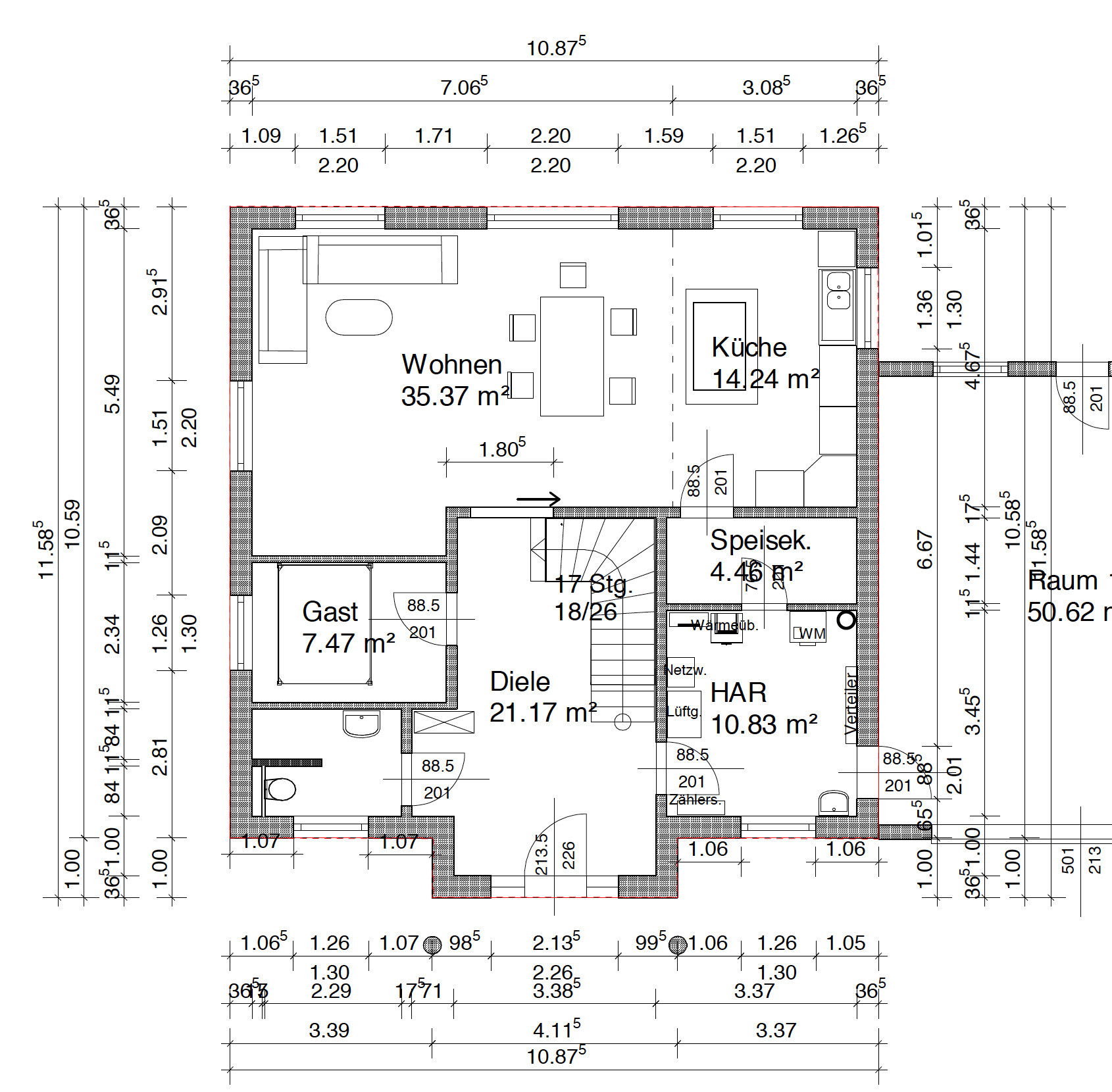 Floor plan: ground floor with living room 35 m², kitchen 14 m², hall 21 m², guest room 7.5 m².