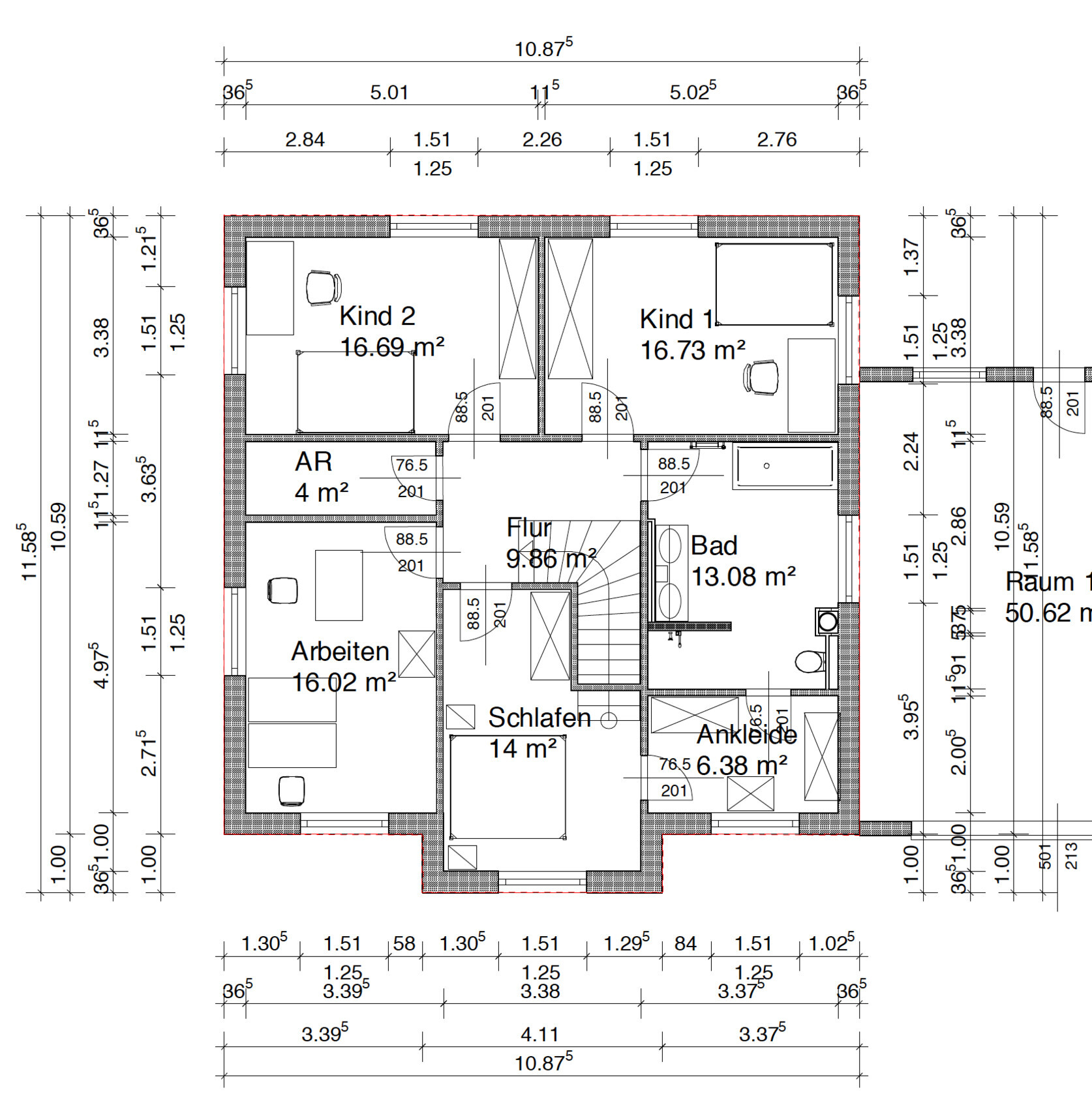 Floor plan of a house: two children’s rooms, bedroom, bathroom, corridor, office, dressing room, storage room