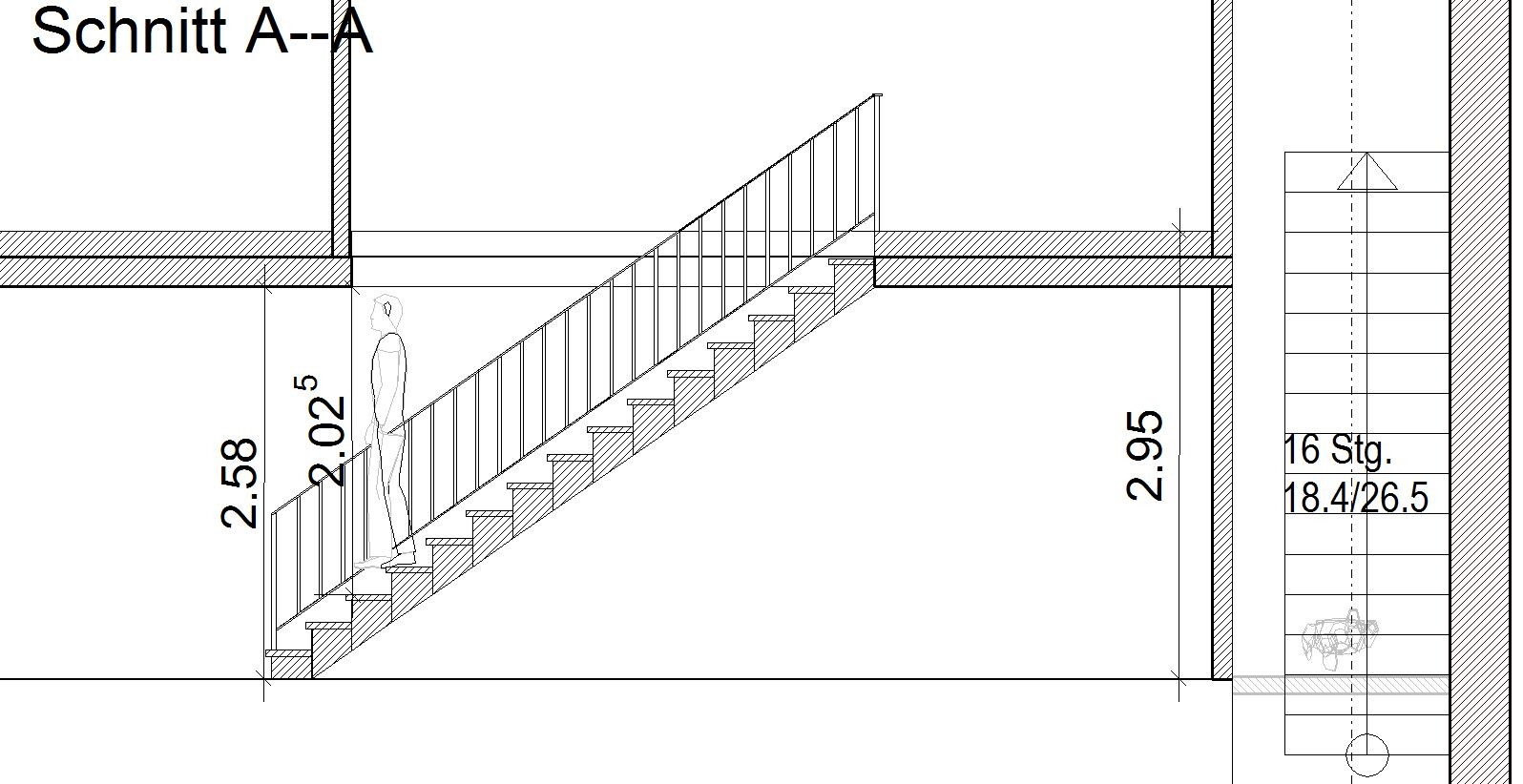 Schnitt A-A durch Treppenhaus: Treppe mit Geländer, eine Person steigt.