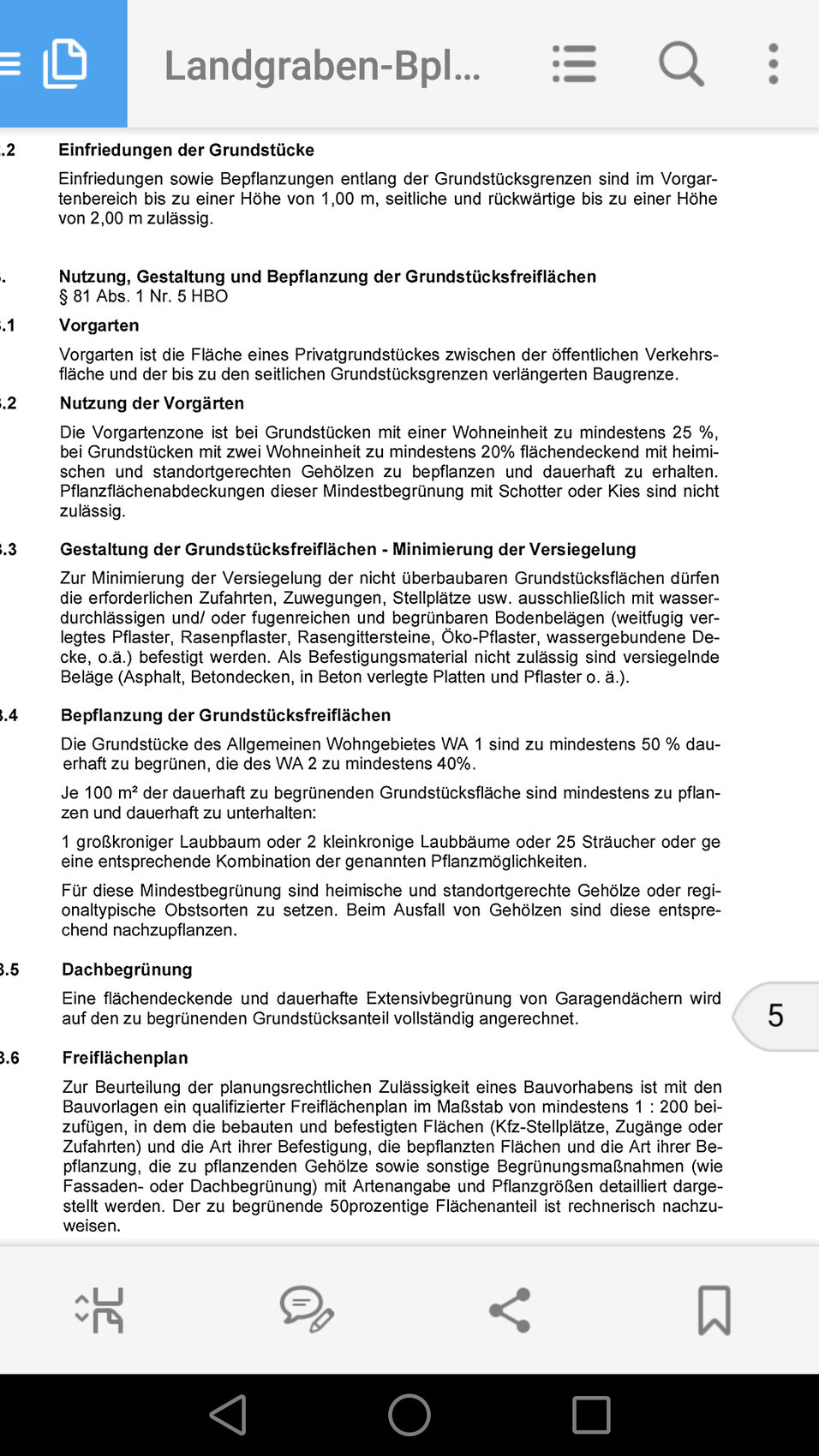Smartphone-Bildschirm zeigt PDF-Seite zur Grundstücksplanung und Vorplänen.