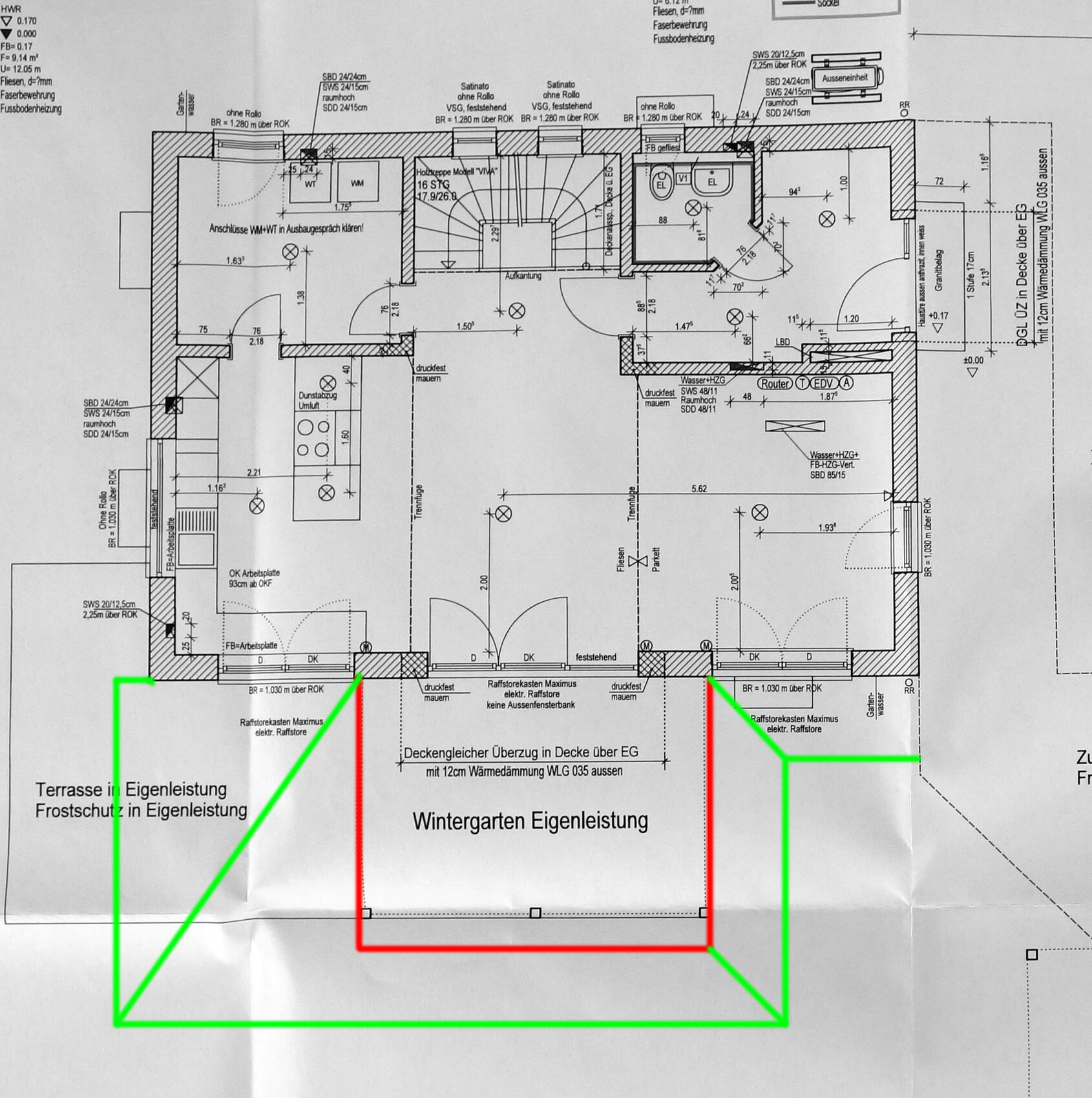 Architekturplan eines Hauses mit Terrasse und Wintergarten