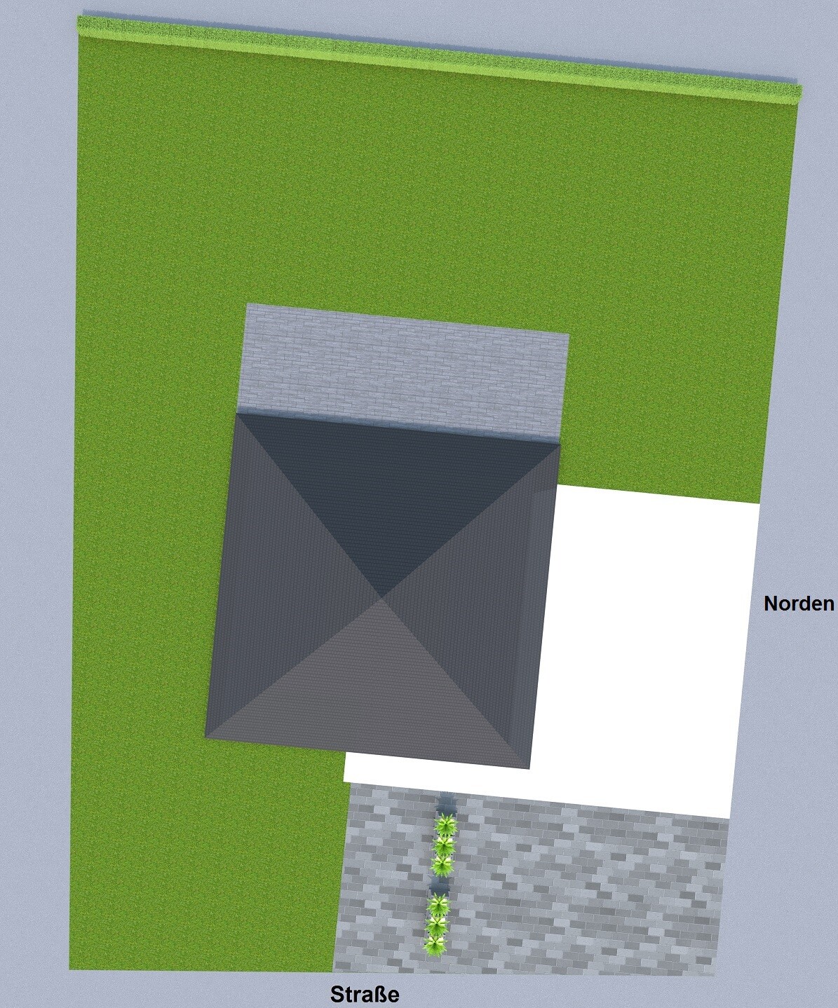 Top view of house plot with gray roof, green garden, and paved driveway to the road