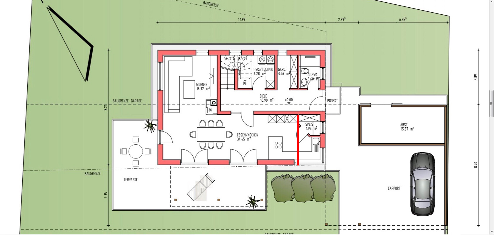 Grundriss eines Hauses mit Wohn-/Essbereich, Küche, Flur, Bad, Garage, Carport und Terrasse.