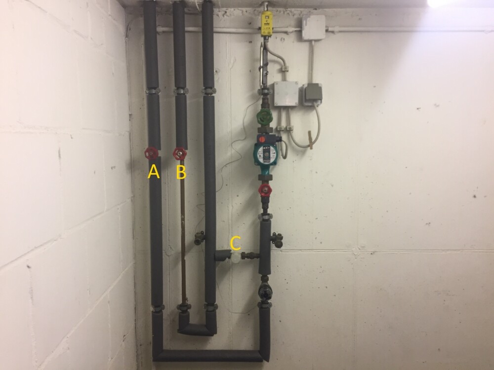 Basement room with water pipes, meters, valves and mounting system on the wall.