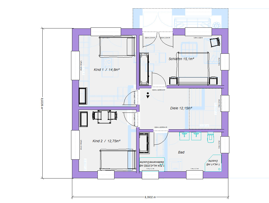 Floor plan of a residential house with hallway, bathroom, bedroom, and two children's rooms.