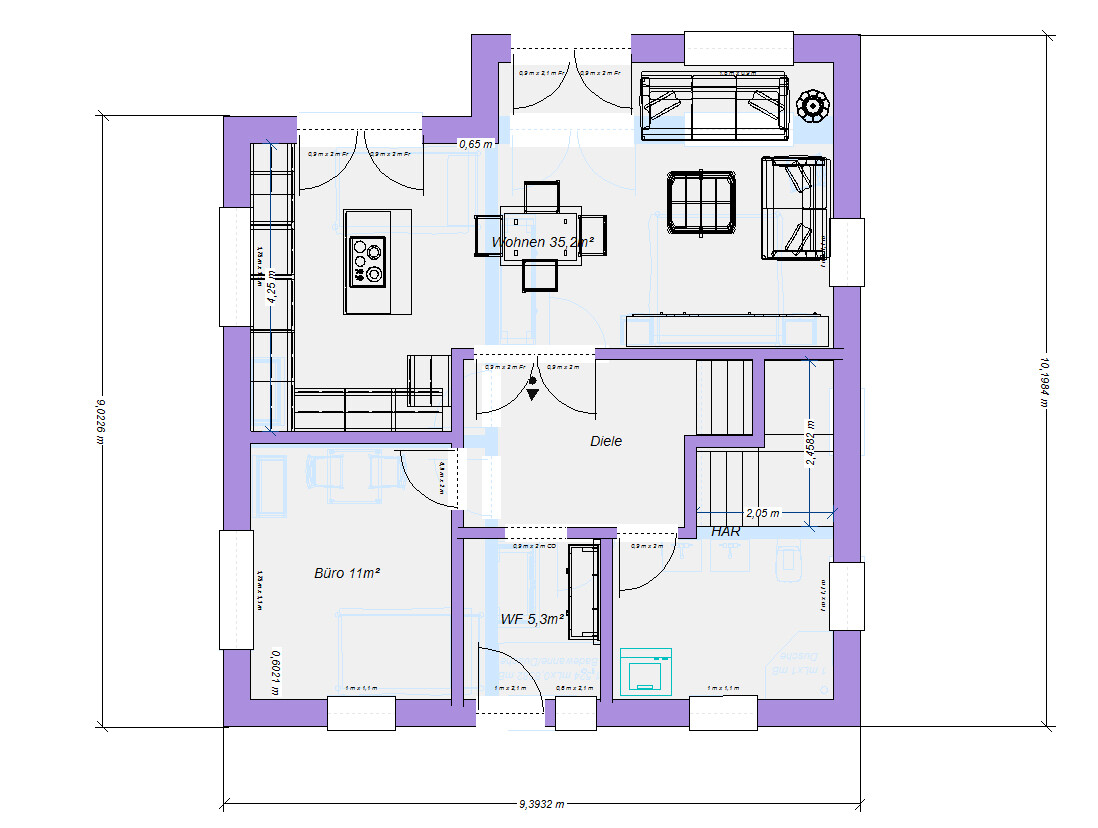 Floor plan of a living and working area with living room, kitchen, office, and hallway.