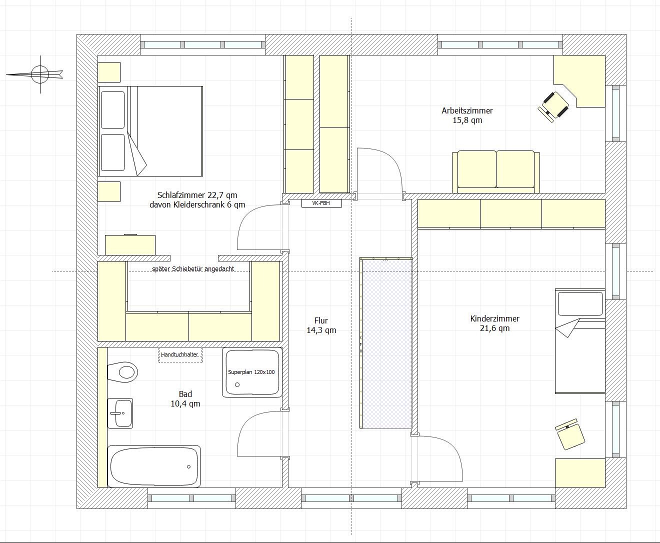Grundriss einer Wohnung: Schlafzimmer, Arbeitszimmer, Kinderzimmer, Bad und Flur.