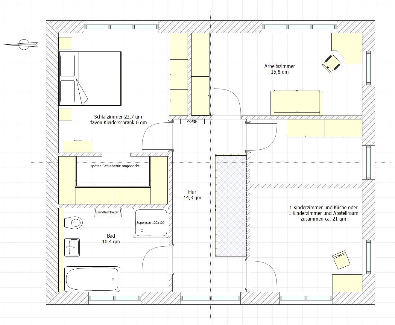 Floor plan of a living space with bedroom, study, bathroom, corridor, and children’s room/kitchen.