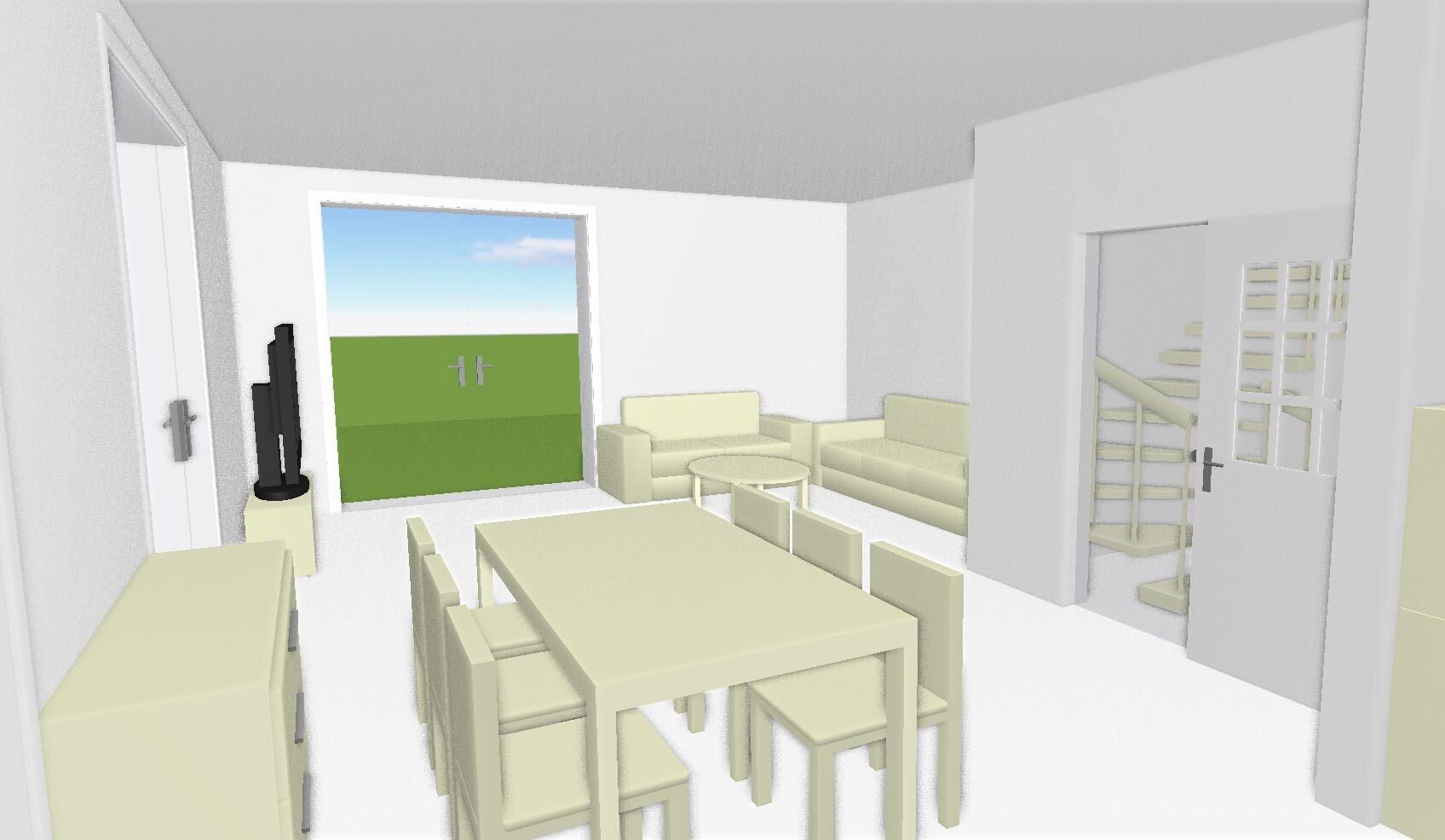 Bright living and dining area with dining table, chairs, sofa set, free-standing TV, large window front.