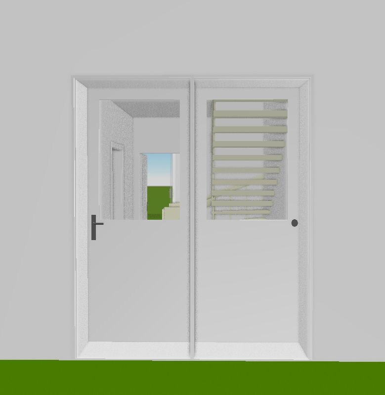 Two white front doors side by side, one with privacy slats, gray interior.