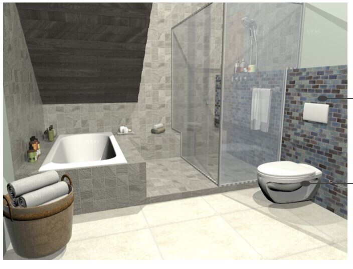 Modernes Badezimmer mit Badewanne, Glasdusche, Toilette und mosaikartigen Fliesen