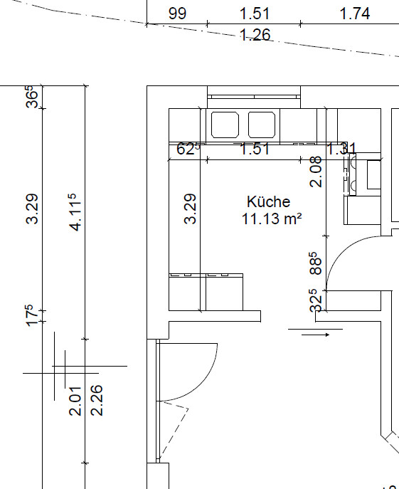 Kitchen floor plan with sink, cabinets, and door opening